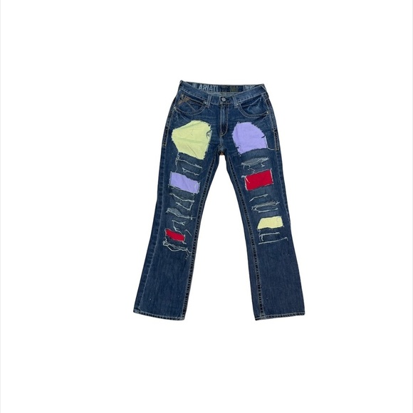 ARIAT Denim M5 Men’s Blue Jeans Low Rise Straight 31x34 W/ Patches Distressed - Picture 15 of 15